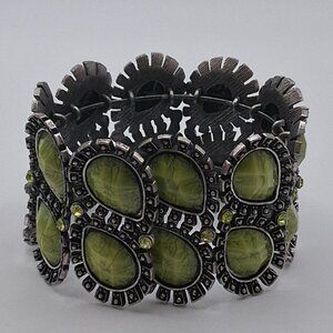 Open Cuff Bracelet Green Stones Wide 1 3/4